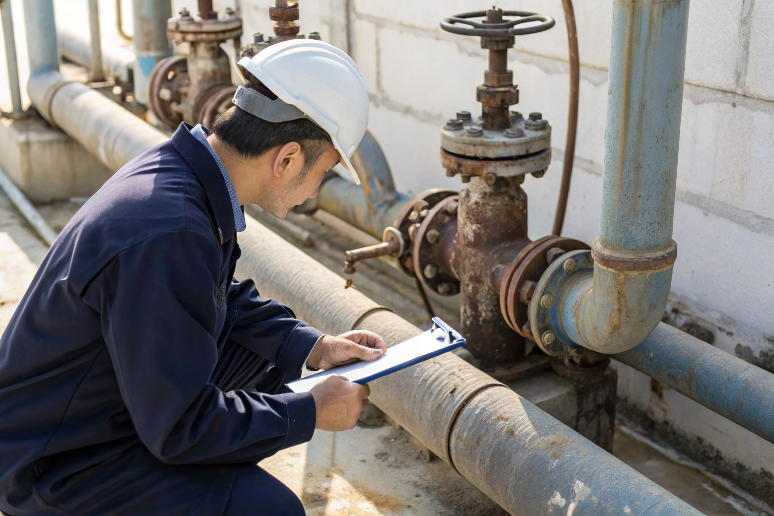 Inspector checking aboveground piping for corrosion and wear.