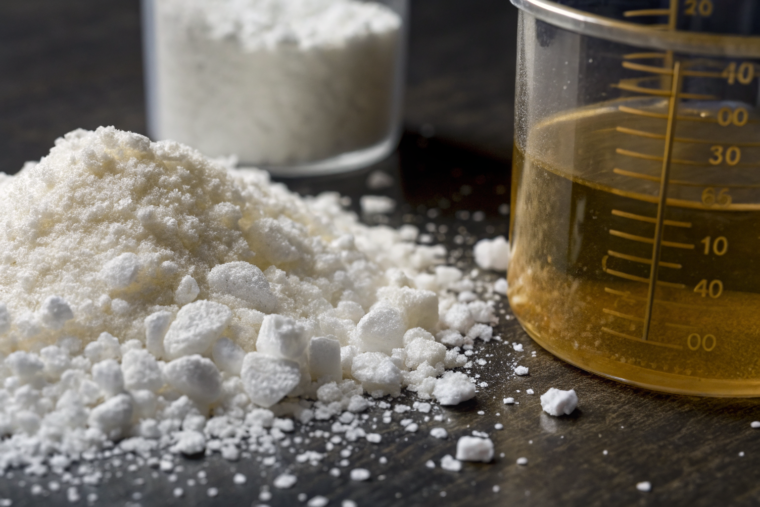 Oil-selective absorbent materials with measuring container.