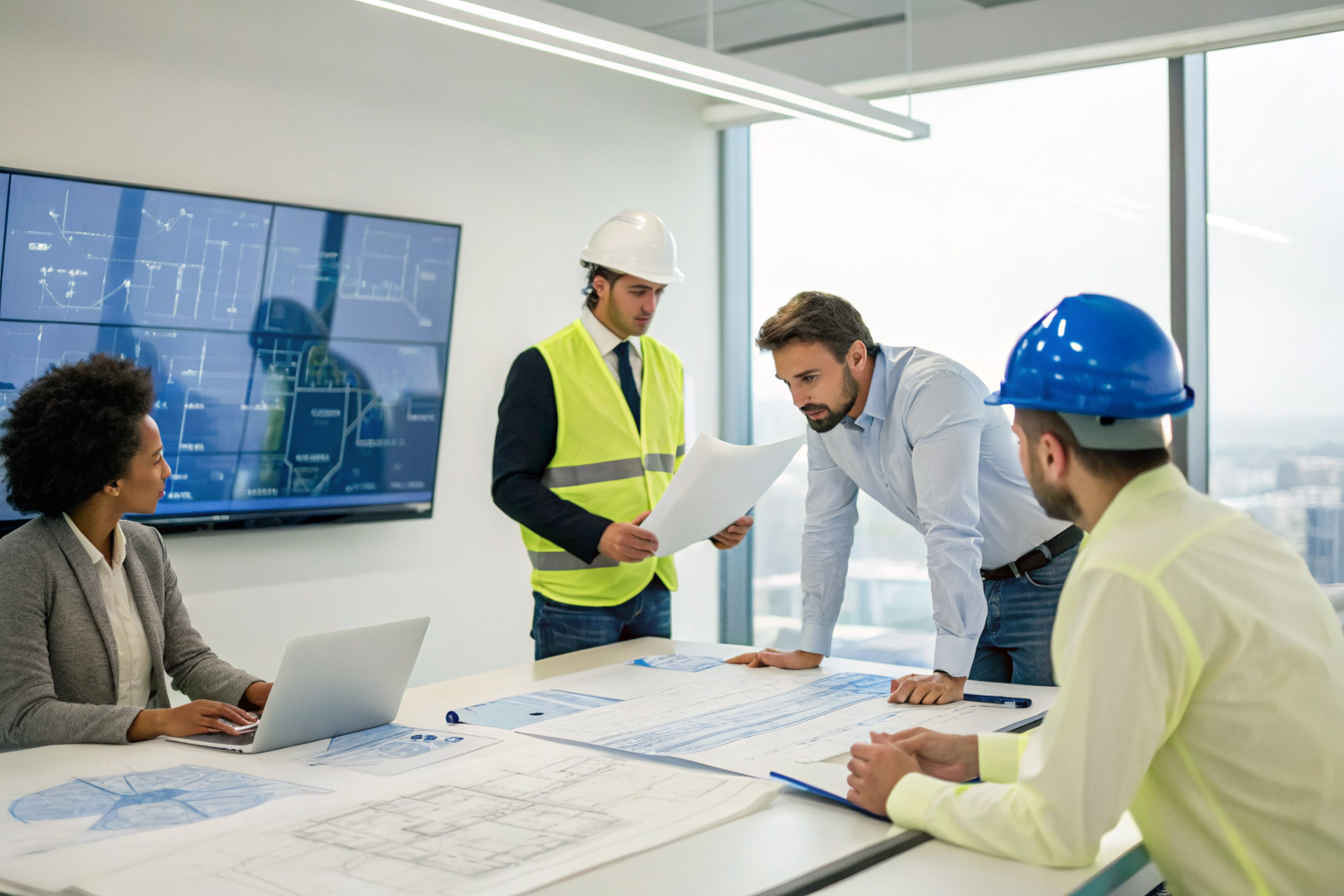 Team discussing compliance pathways with blueprints and digital displays.