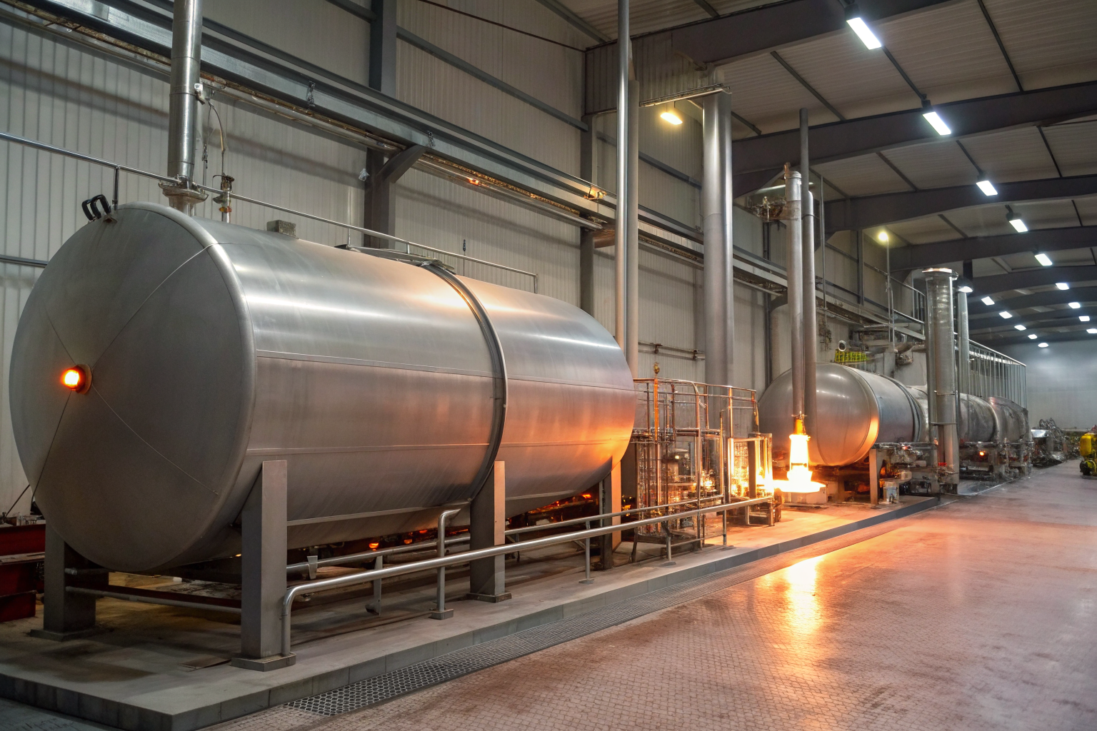Rendering plant with temperature-controlled tanks for animal fats.