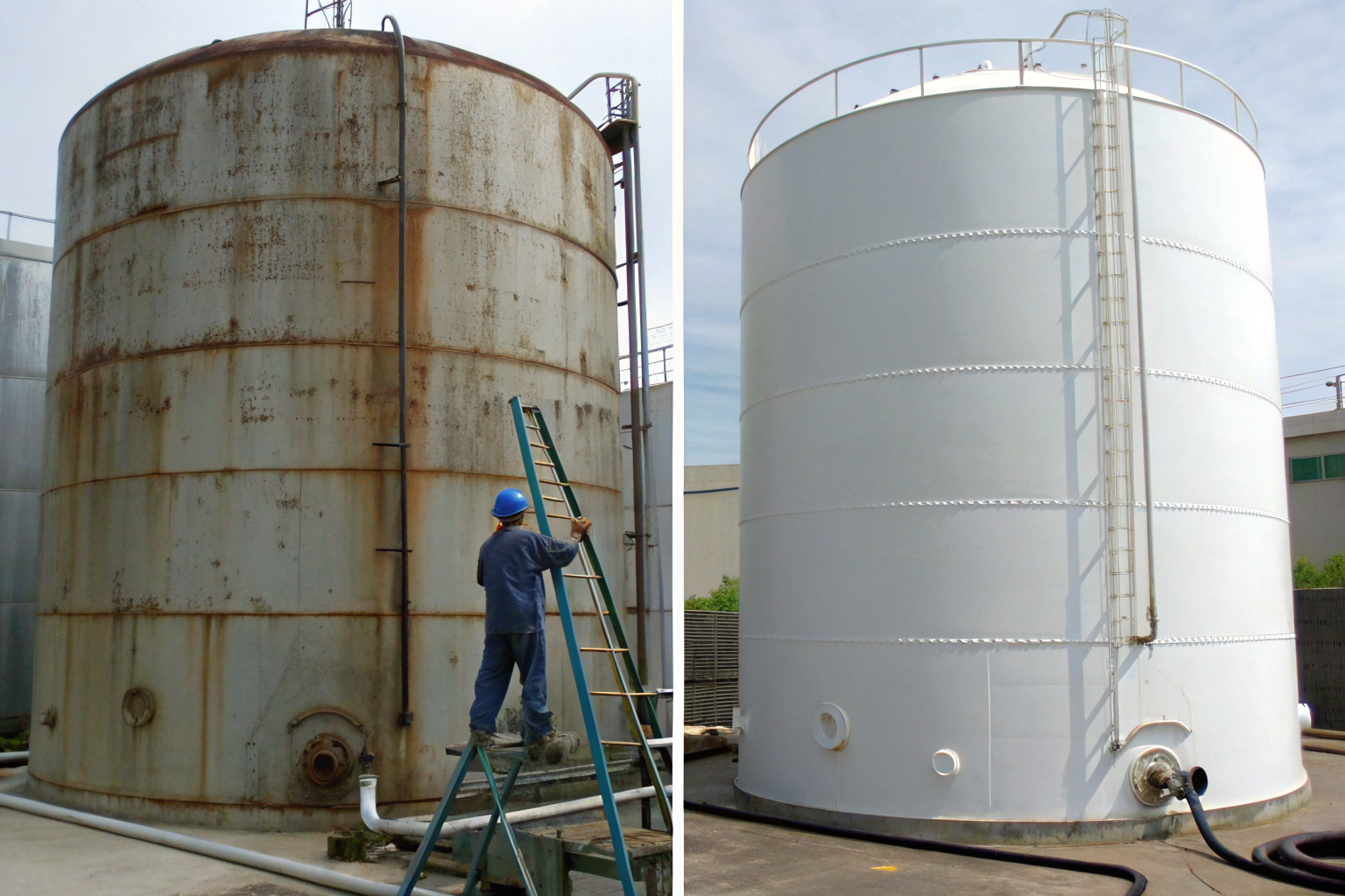 Two tanks with visual and ultrasonic inspection, labeled API 653 and STI SP001.