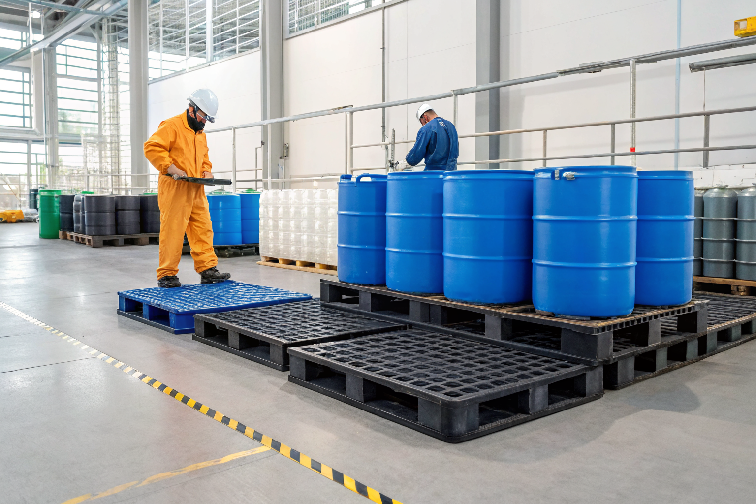 Steel and polyethylene pallets in a facility highlighting application use.