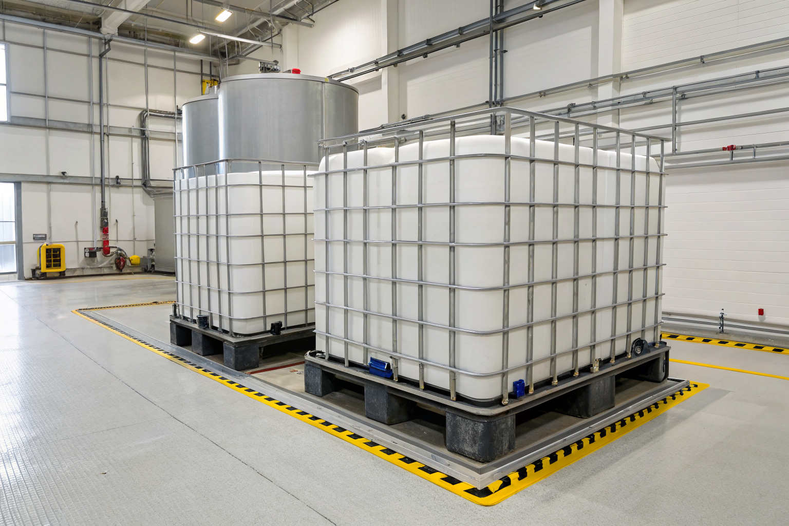 Permanent IBC installation with rigid pallet in oil facility.