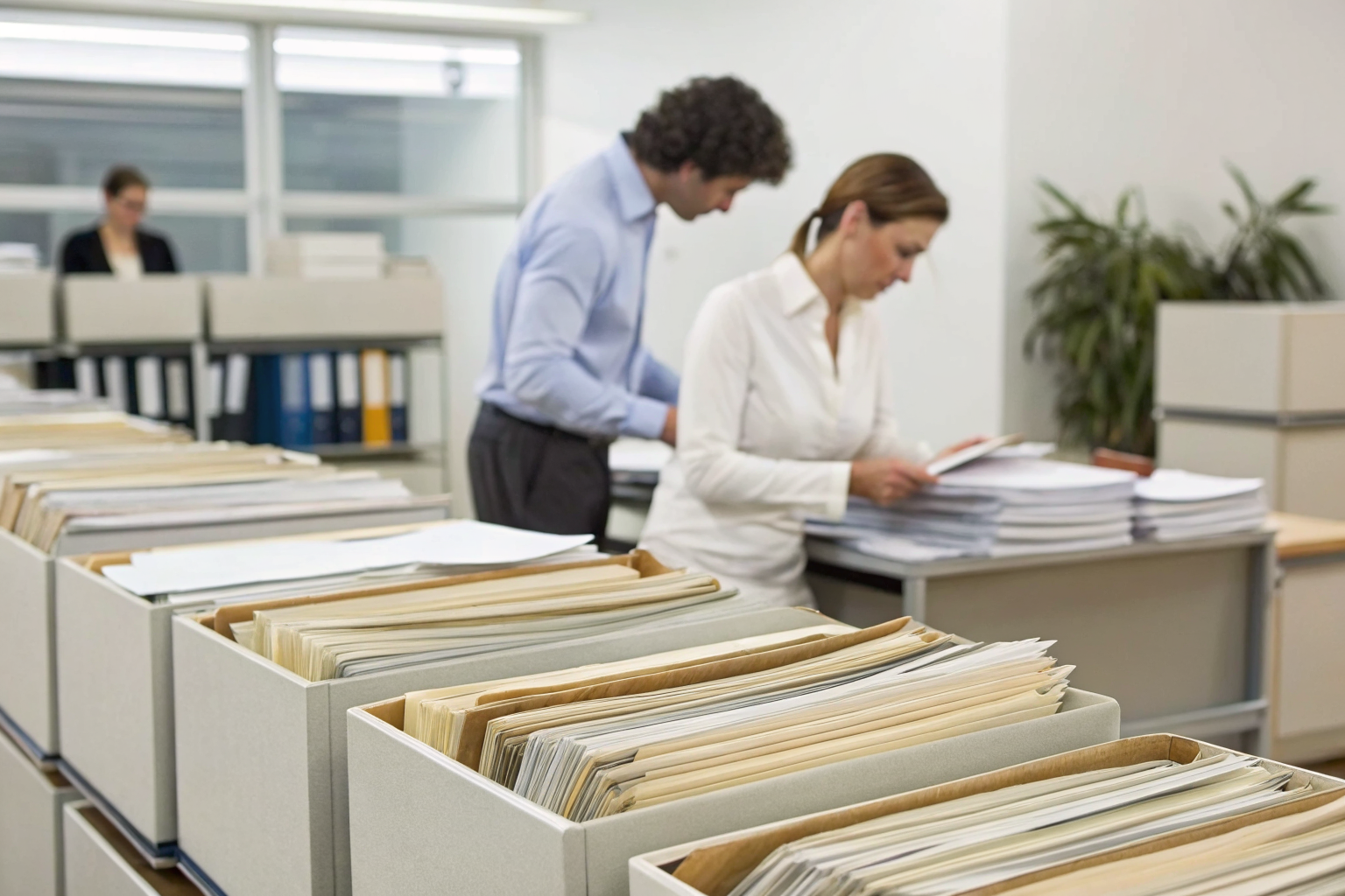 Personnel organizing documentation in an office for an audit.