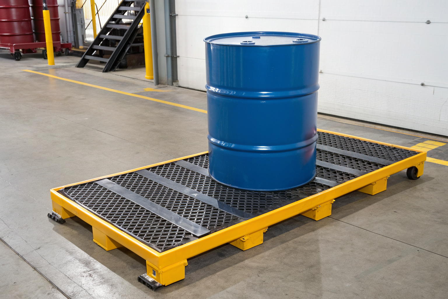 Low-profile containment pallet with drum, showing reduced lifting height.