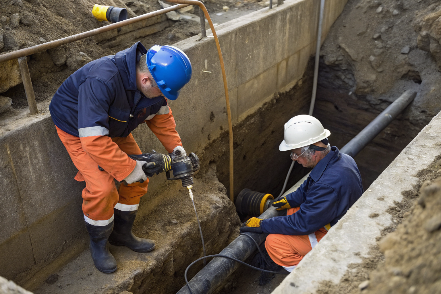 Technicians inspecting underground buried piping valves.