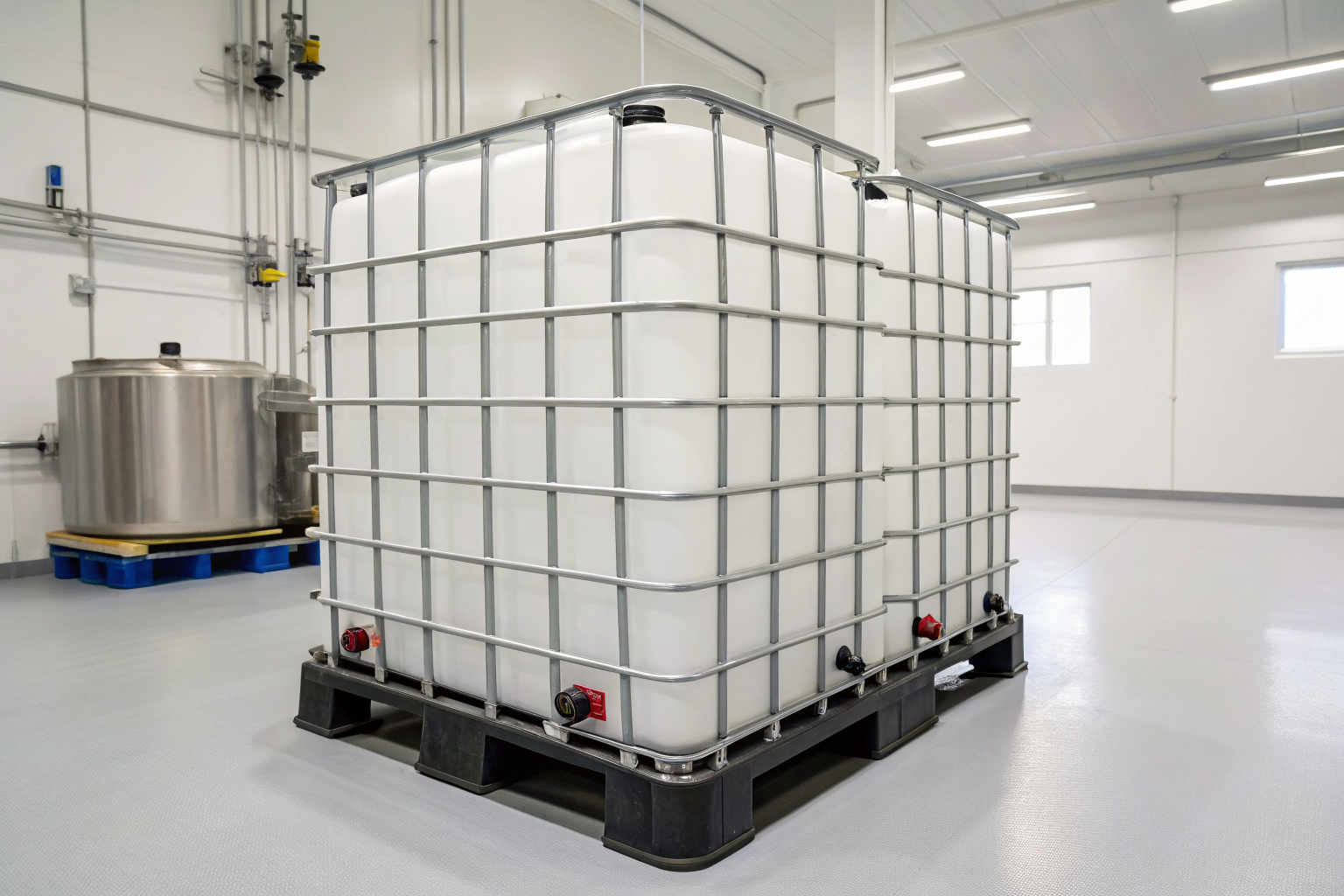 IBC pallet with 363-gallon capacity in compliance setting.