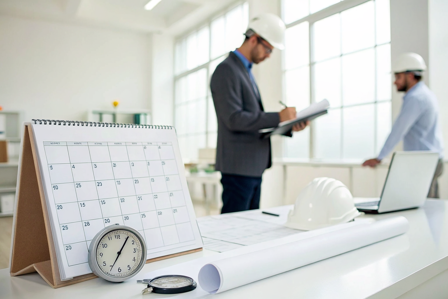 Calendar and clock on a desk with SPCC plans indicating timeline.
