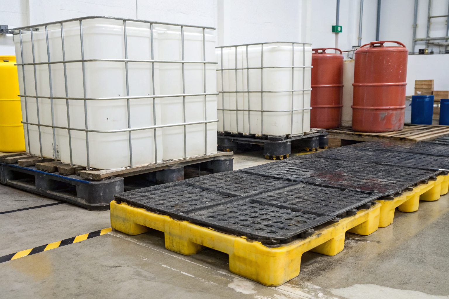 Polyethylene pallets exposed to chemicals showing swelling effects.