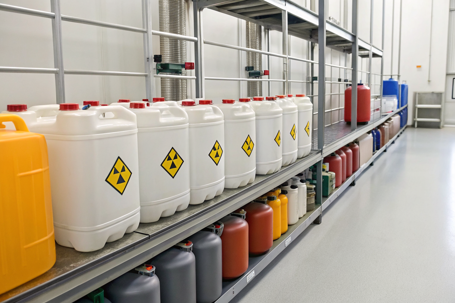 Flammable liquid containers segregated by compatibility in a lab setting.