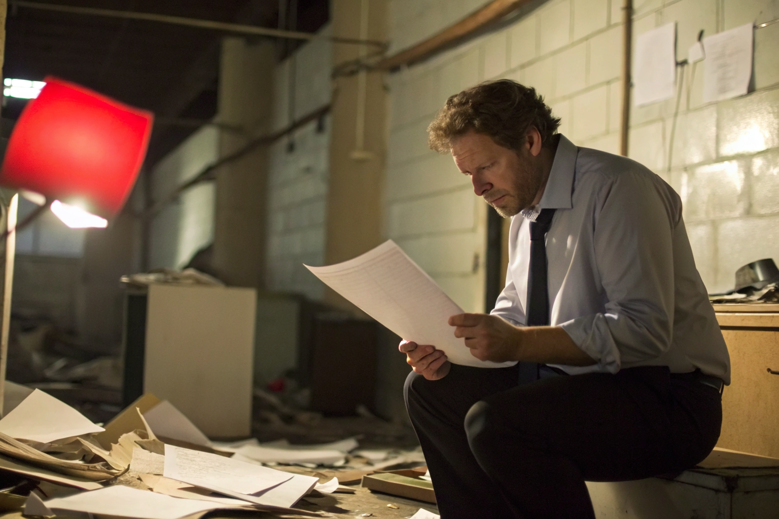 Distressed manager reviewing outdated SPCC documents with violation notice.