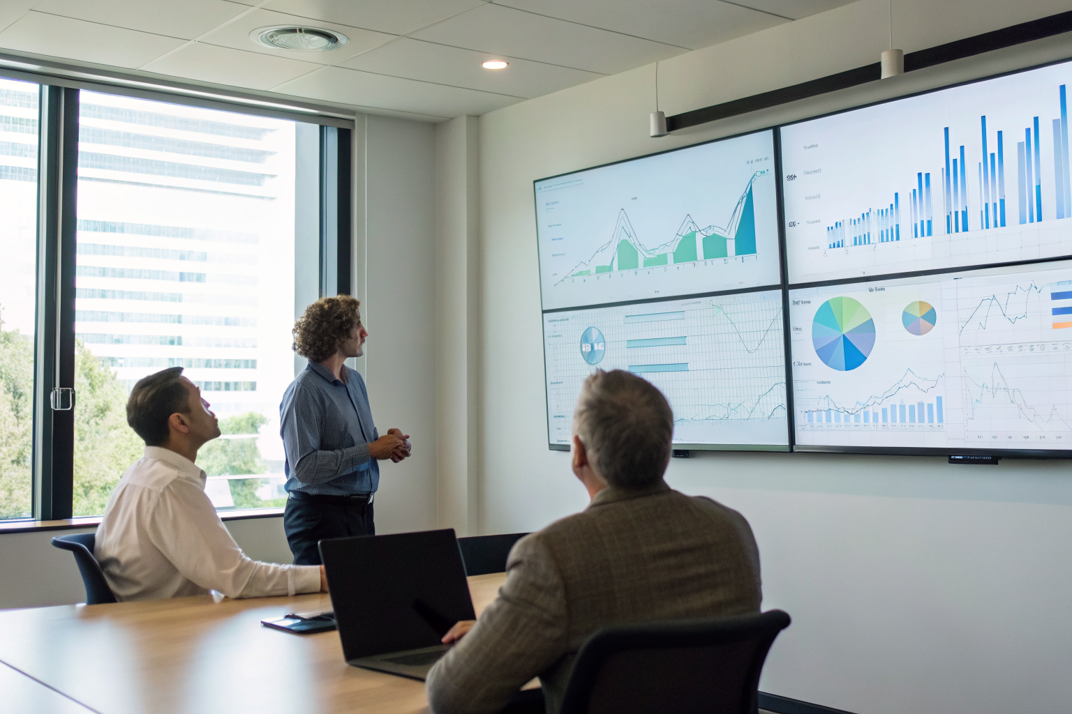 Meeting room with charts and graphs discussing compliance deviations.