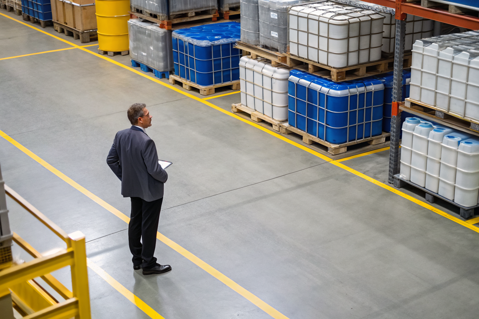 Manager evaluating containment systems in a warehouse.