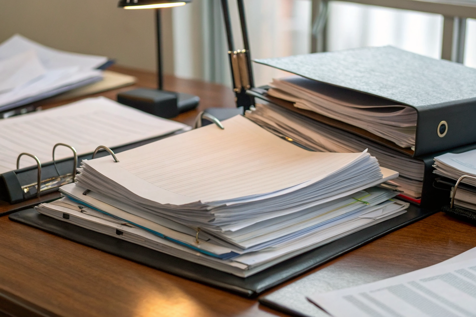 Desk with environmental compliance documents for mobile operations.