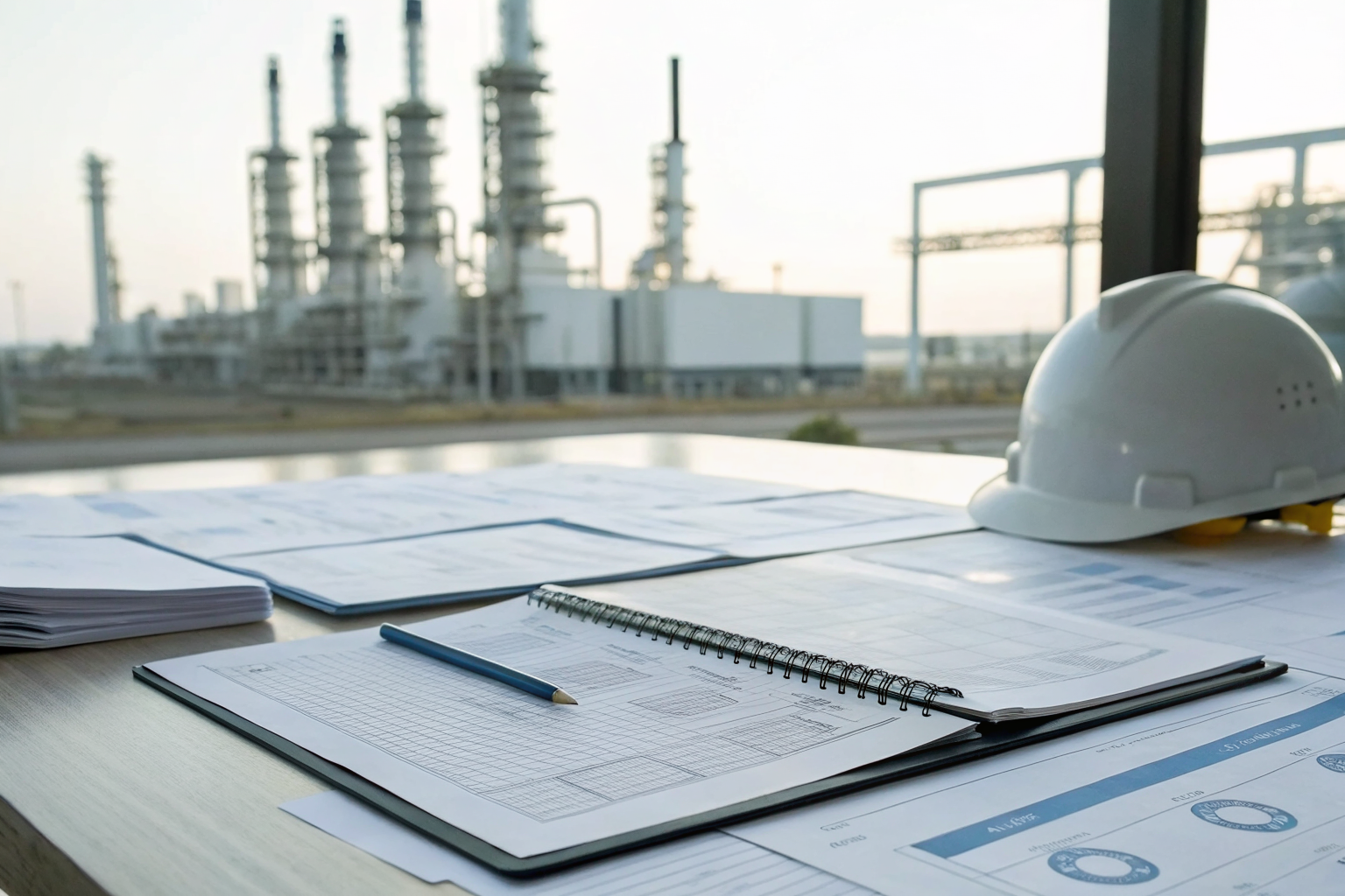 Regulatory documents on a desk with industry labels.
