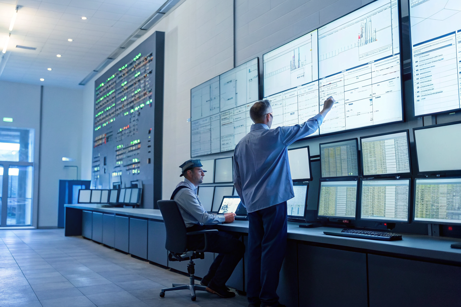 Control room with monitors showing compliance data and audit logs, staff working.
