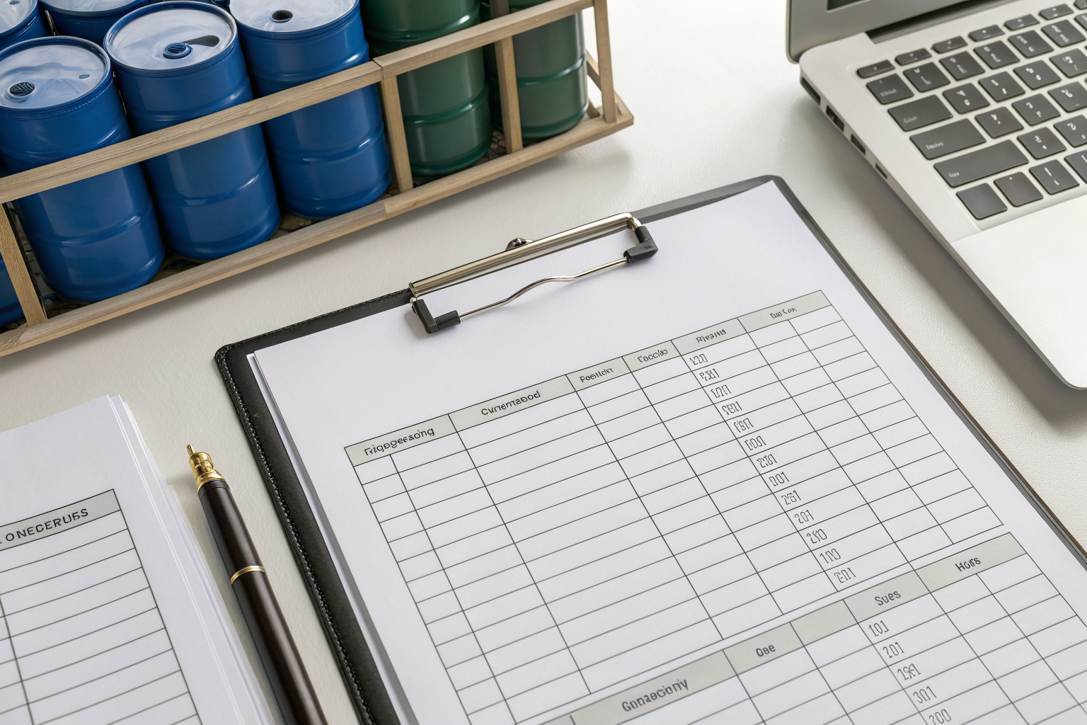 Inventory sheet of oil storage containers with details.