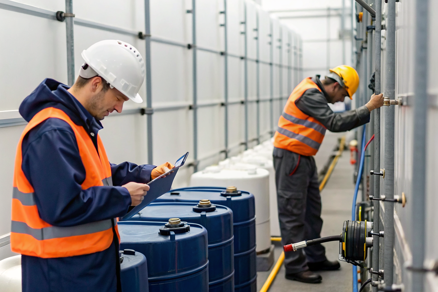 Engineers measuring oil storage container capacity.