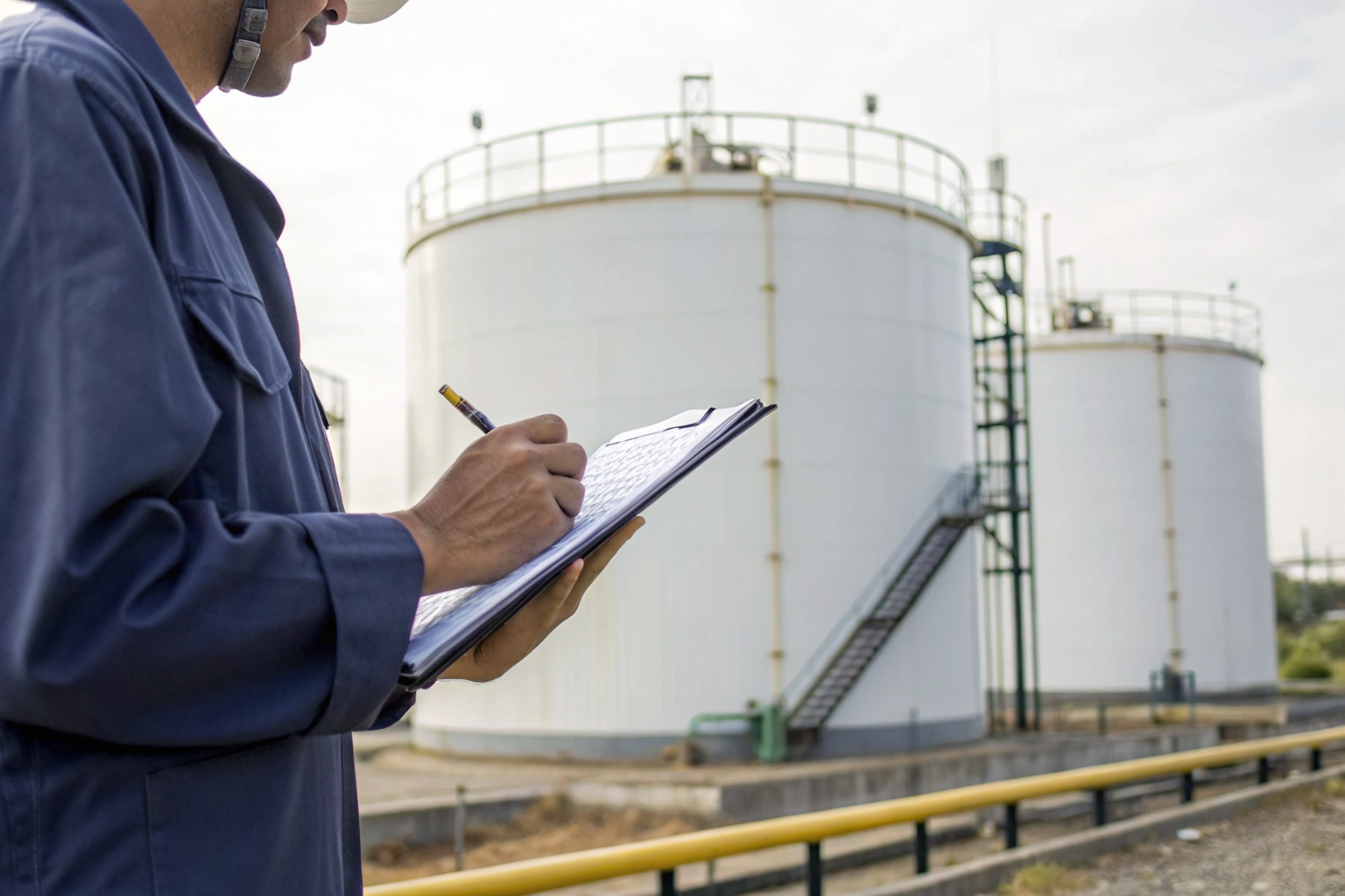 Technician calculating containment capacity near an oil tank.