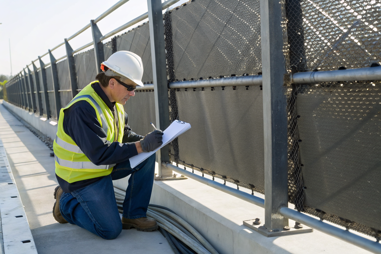Technician inspects containment barrier, writing notes, daylight, clear focus.