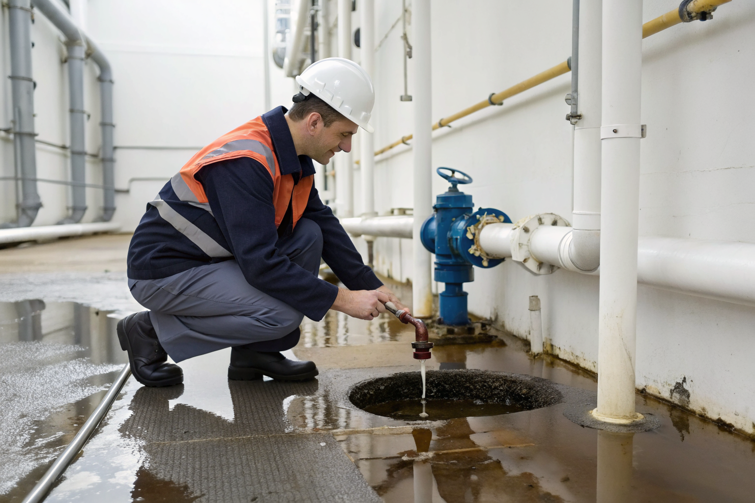 Technician inspecting containment area for oil contamination before valve use.
