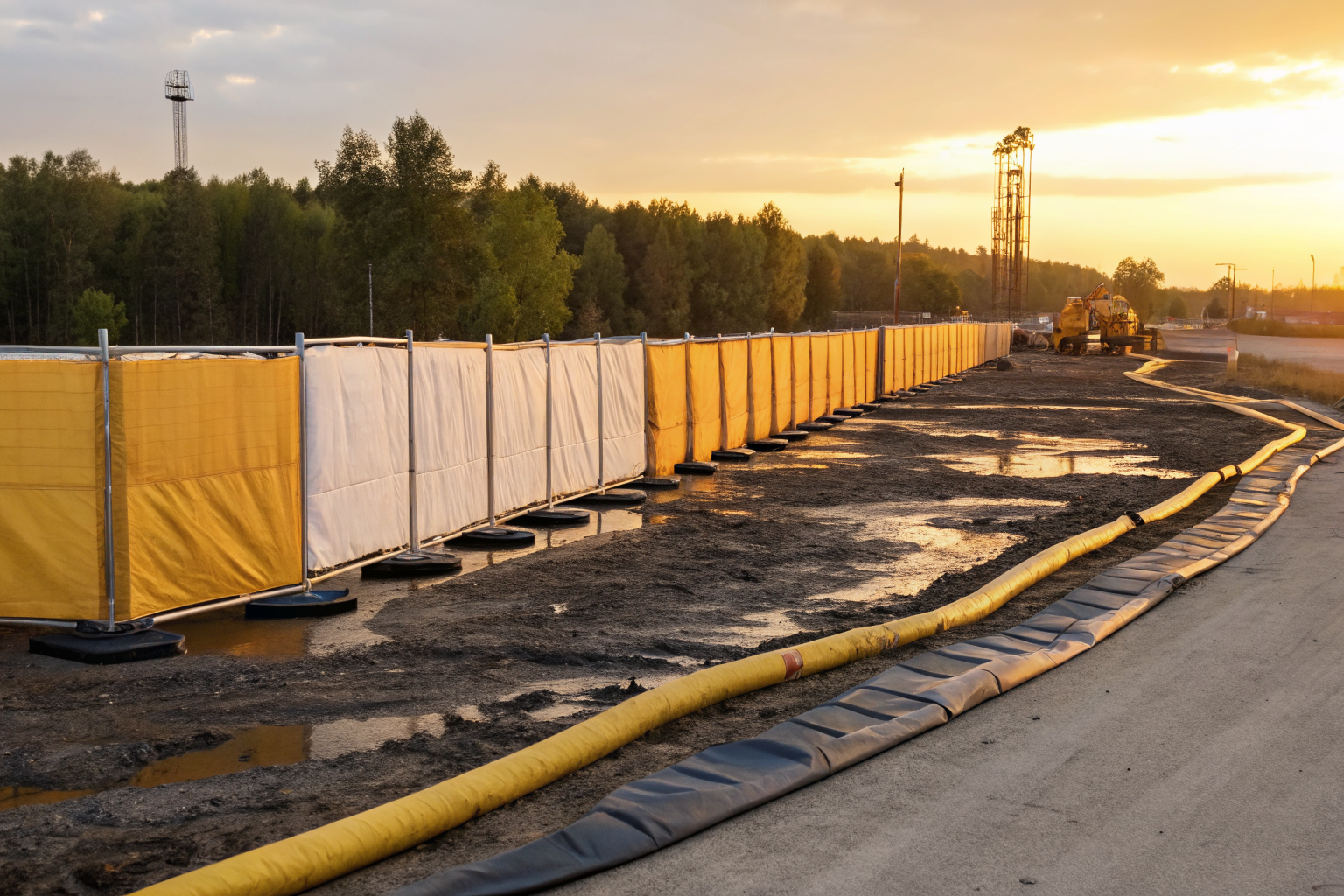 Temporary containment barriers redirecting simulated oil in an outdoor setting.