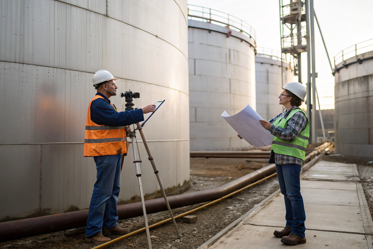 Engineers assessing containment systems with tools and blueprints.