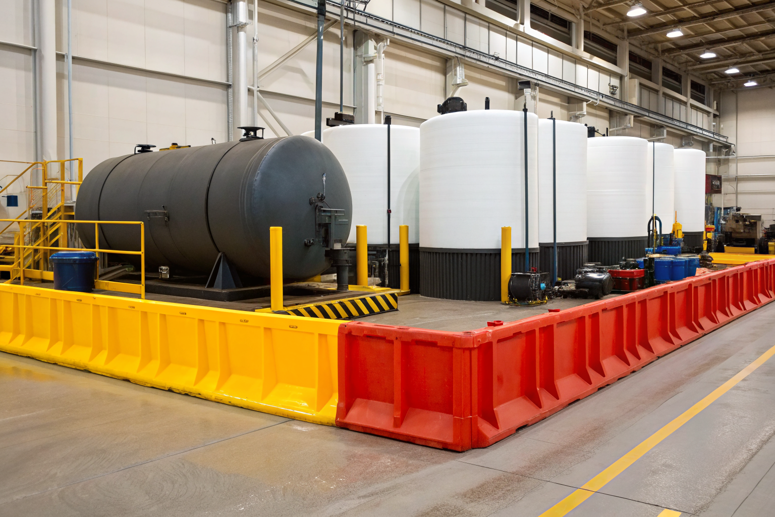 Repair shop with barriers for oil spill containment.