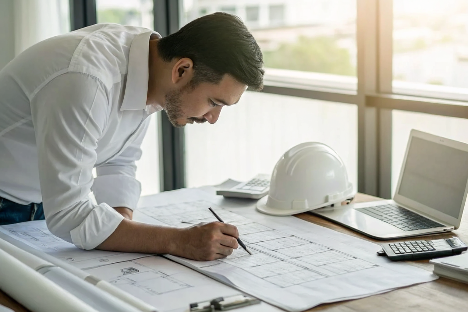 Engineer analyzing containment design plans with notes.