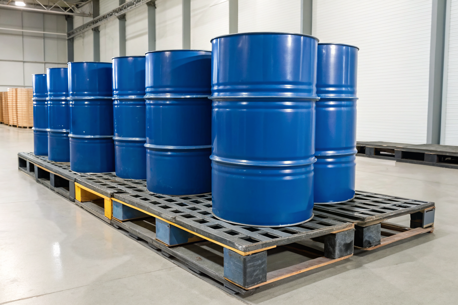 Steel pallets with heavy drums highlighting structural strength.