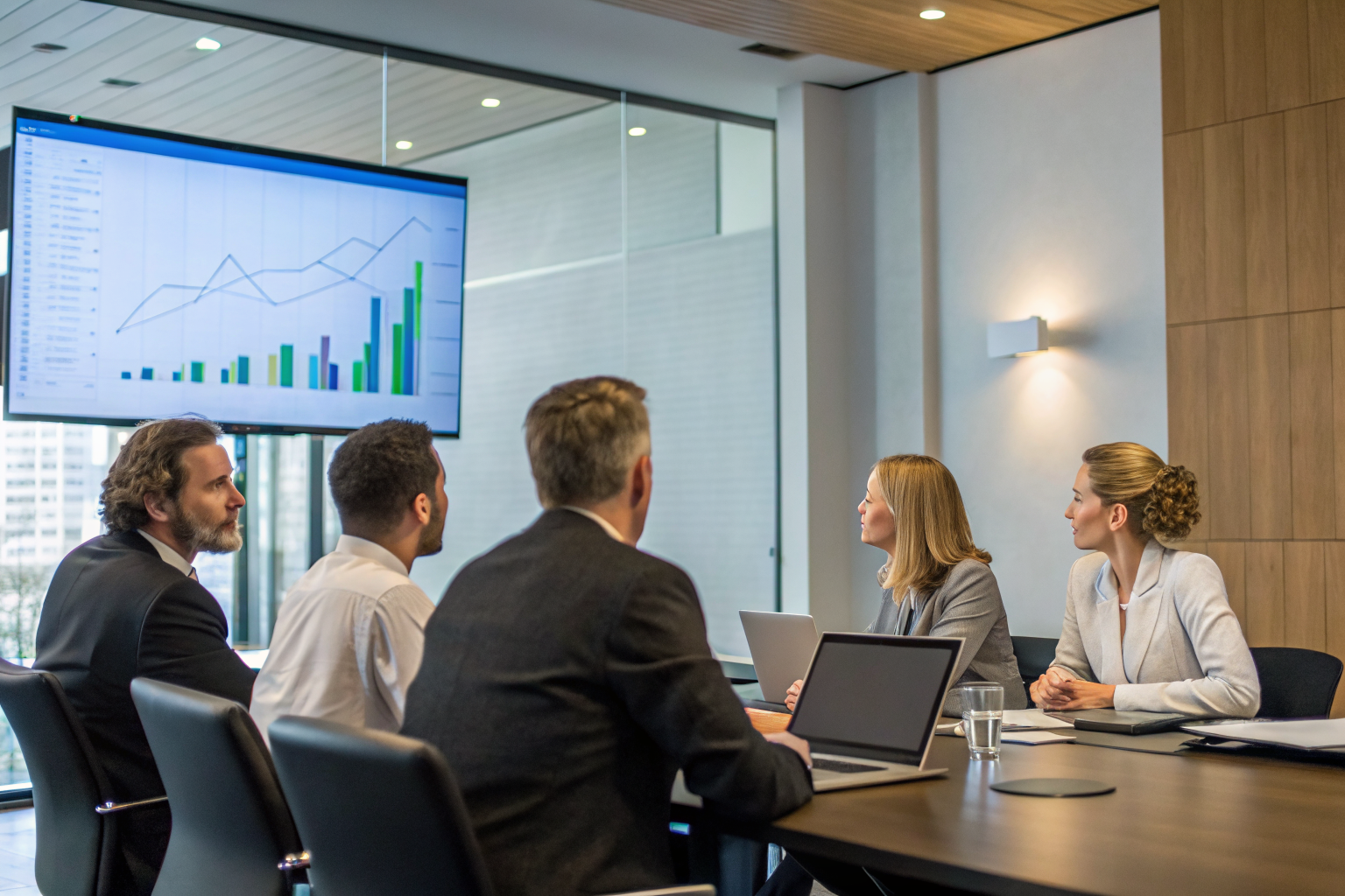 Professionals discussing containment sizing with charts displayed.