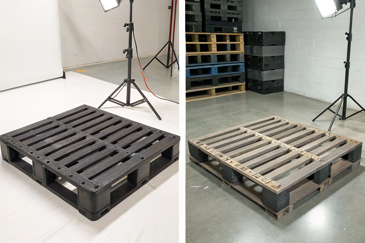 Steel and polyethylene pallets with visible price tags for comparison.