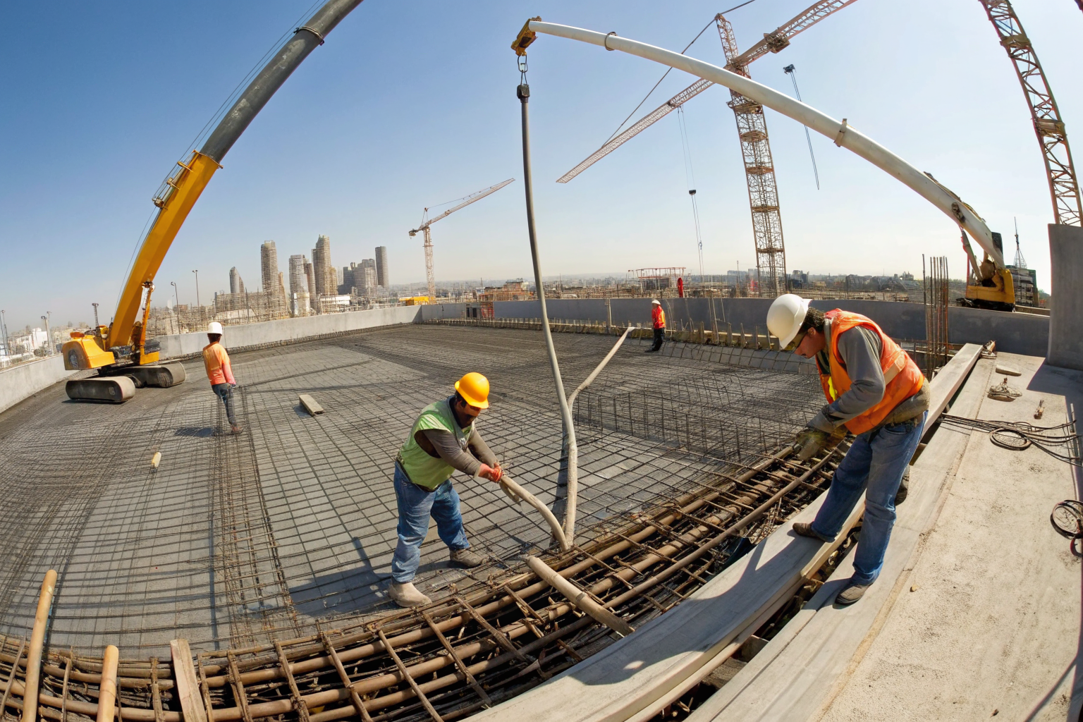Construction site with workers building oversized containment systems.