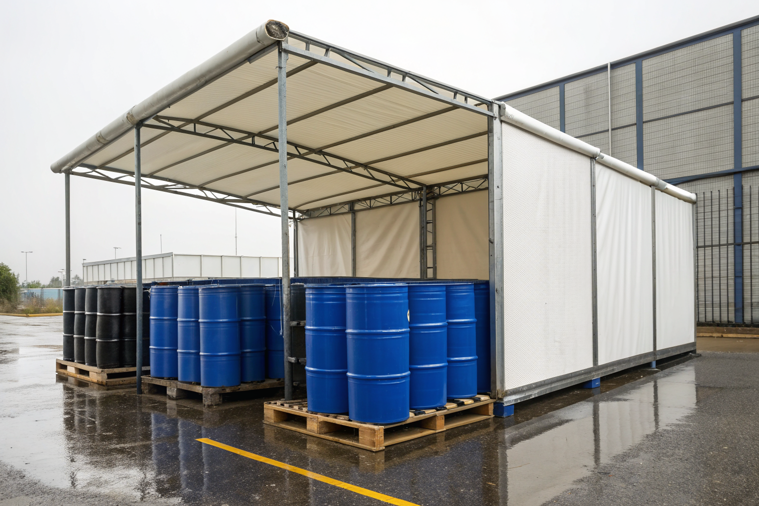Covered drum pallets with integrated spill containment.