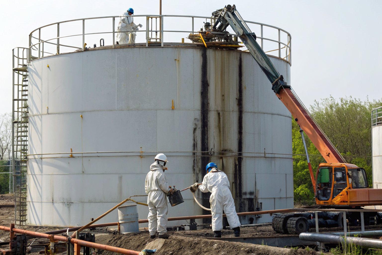 Workers dismantling decommissioned industrial tank at a site.