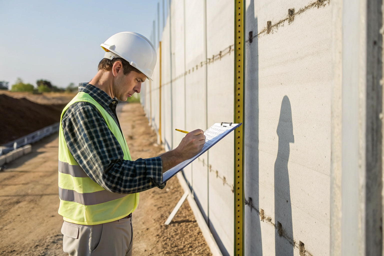 Engineer measuring containment wall height outdoors.