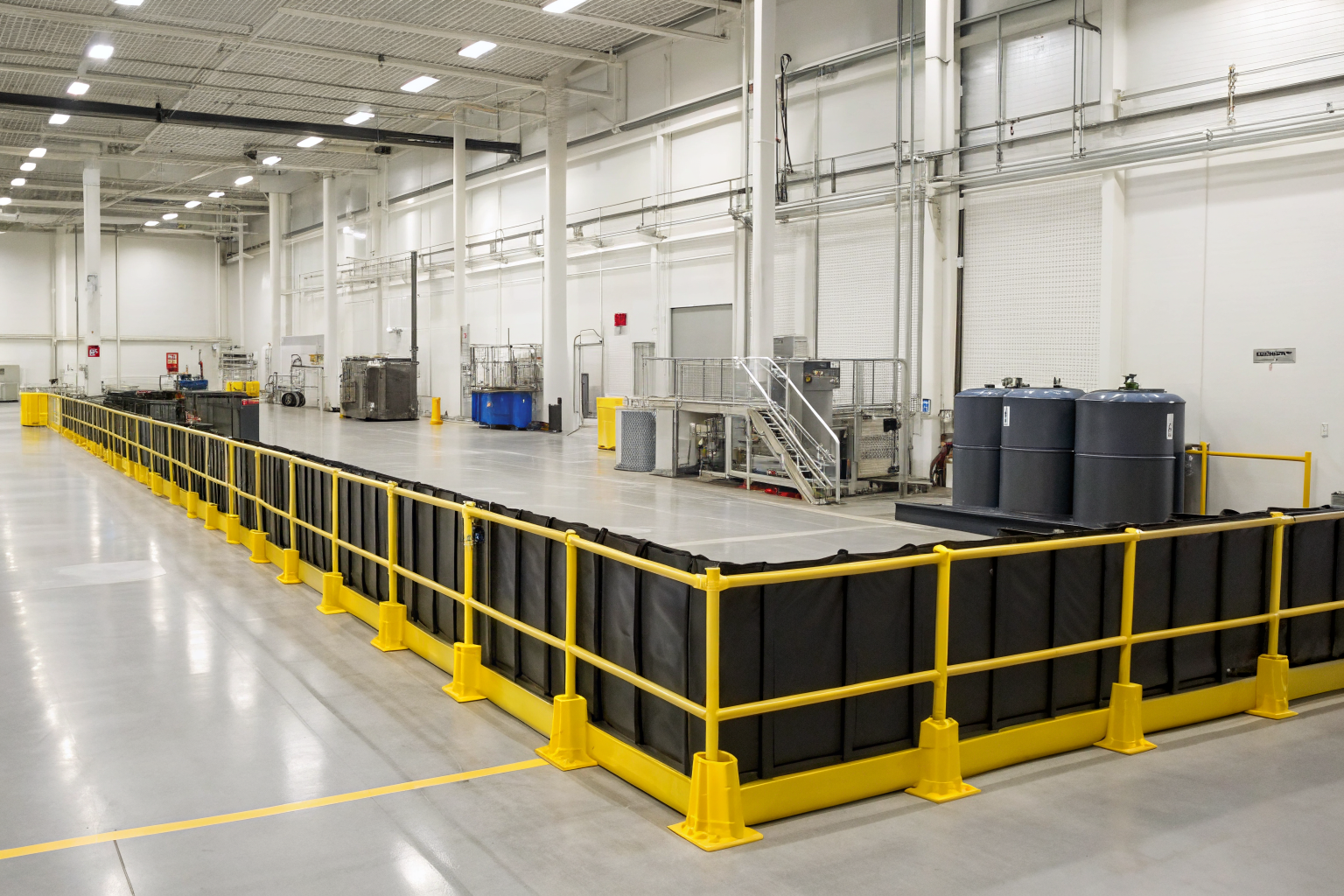 Secondary containment systems preventing oil spills in a facility.