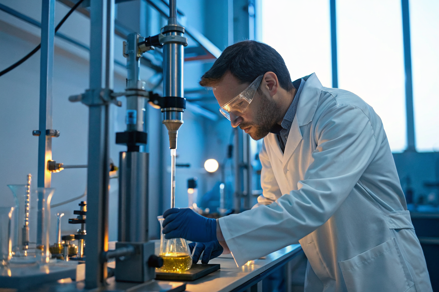 Lab with scientist measuring oil's specific gravity using ASTM method.