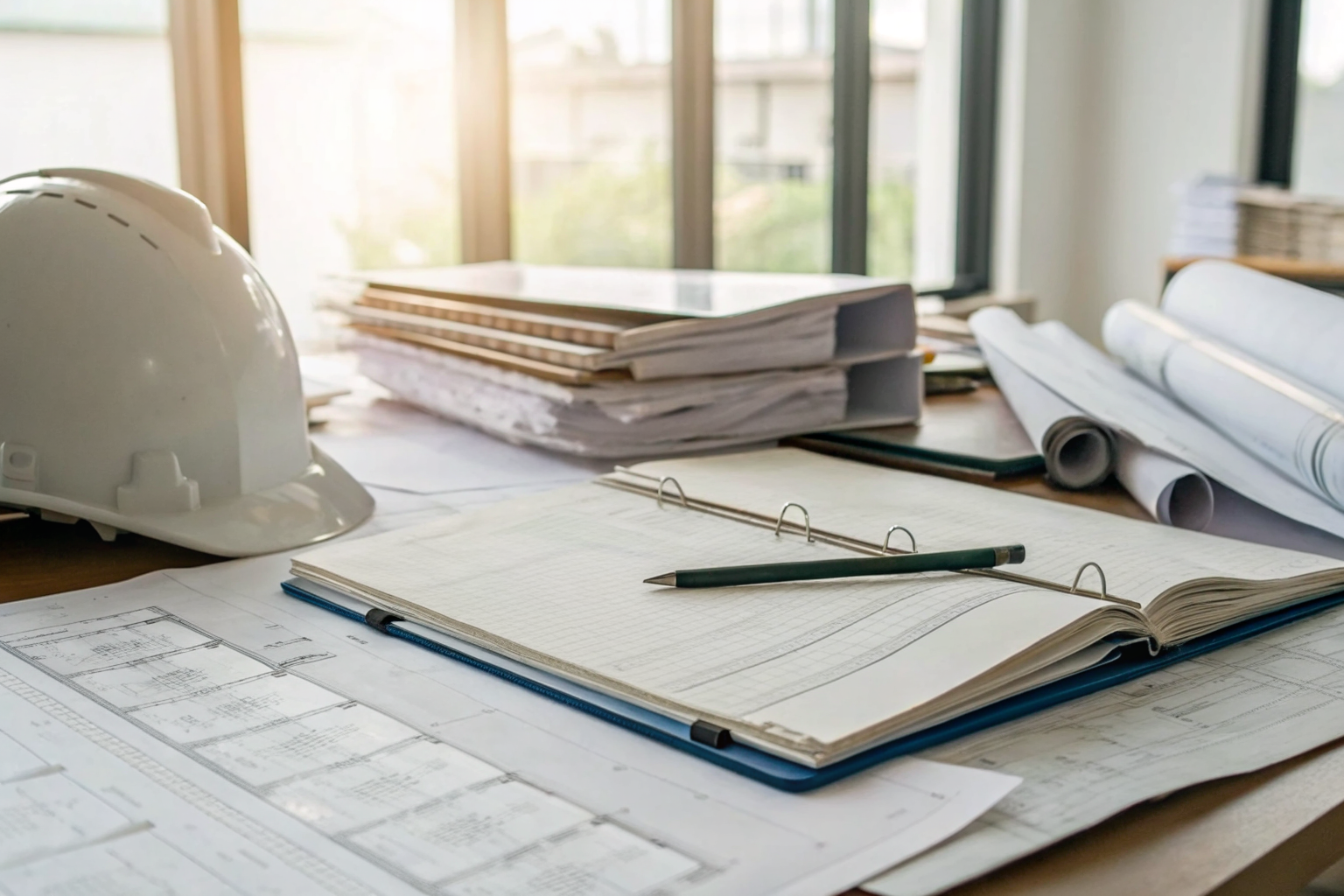 SPCC compliance documents and diagrams on a cluttered desk.
