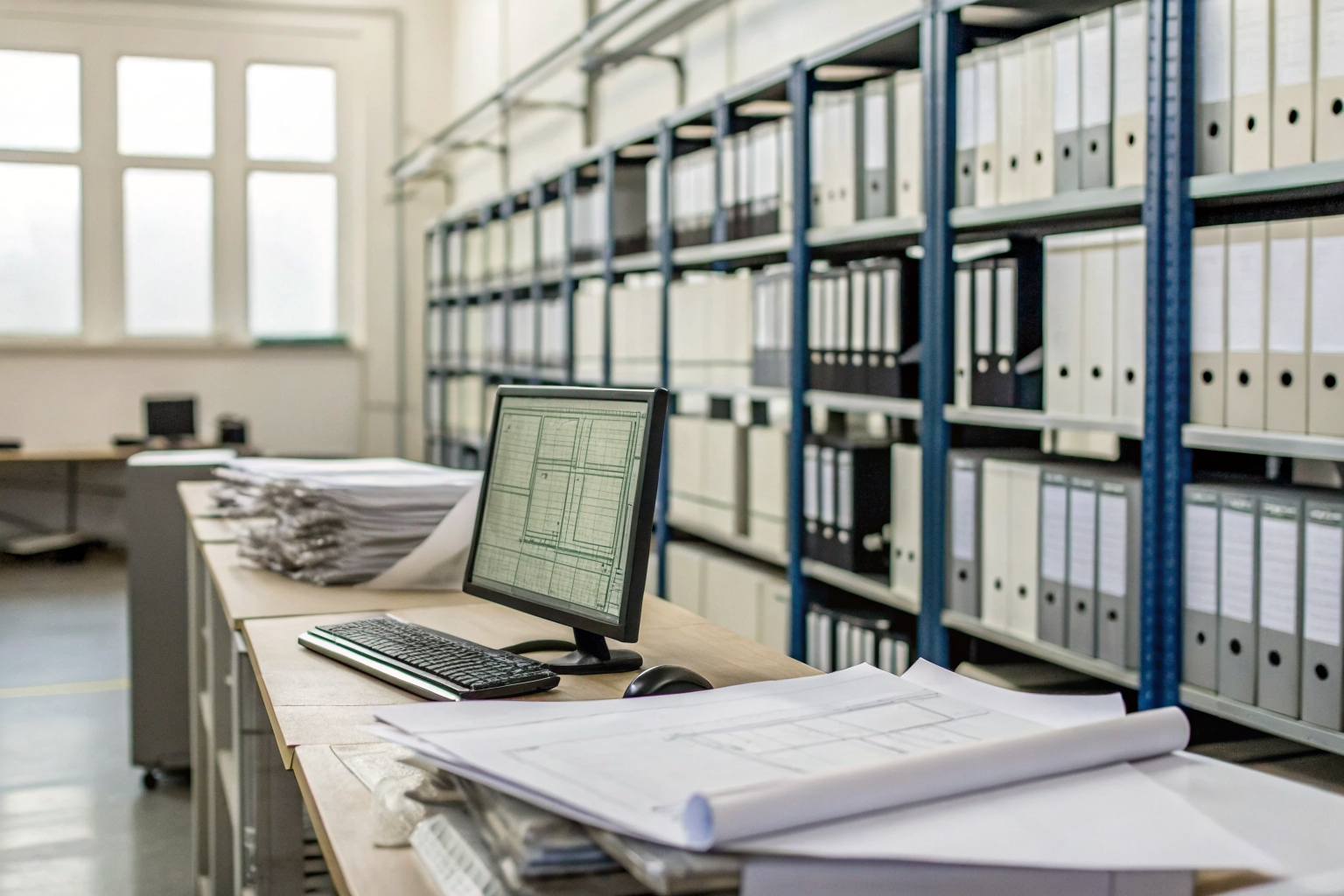 Office with SPCC Plan binders, documents, and computer screen with diagrams.