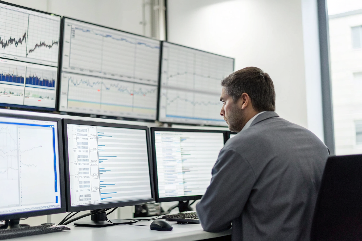 Analyst working on documentation with quantitative analysis on computer screens.