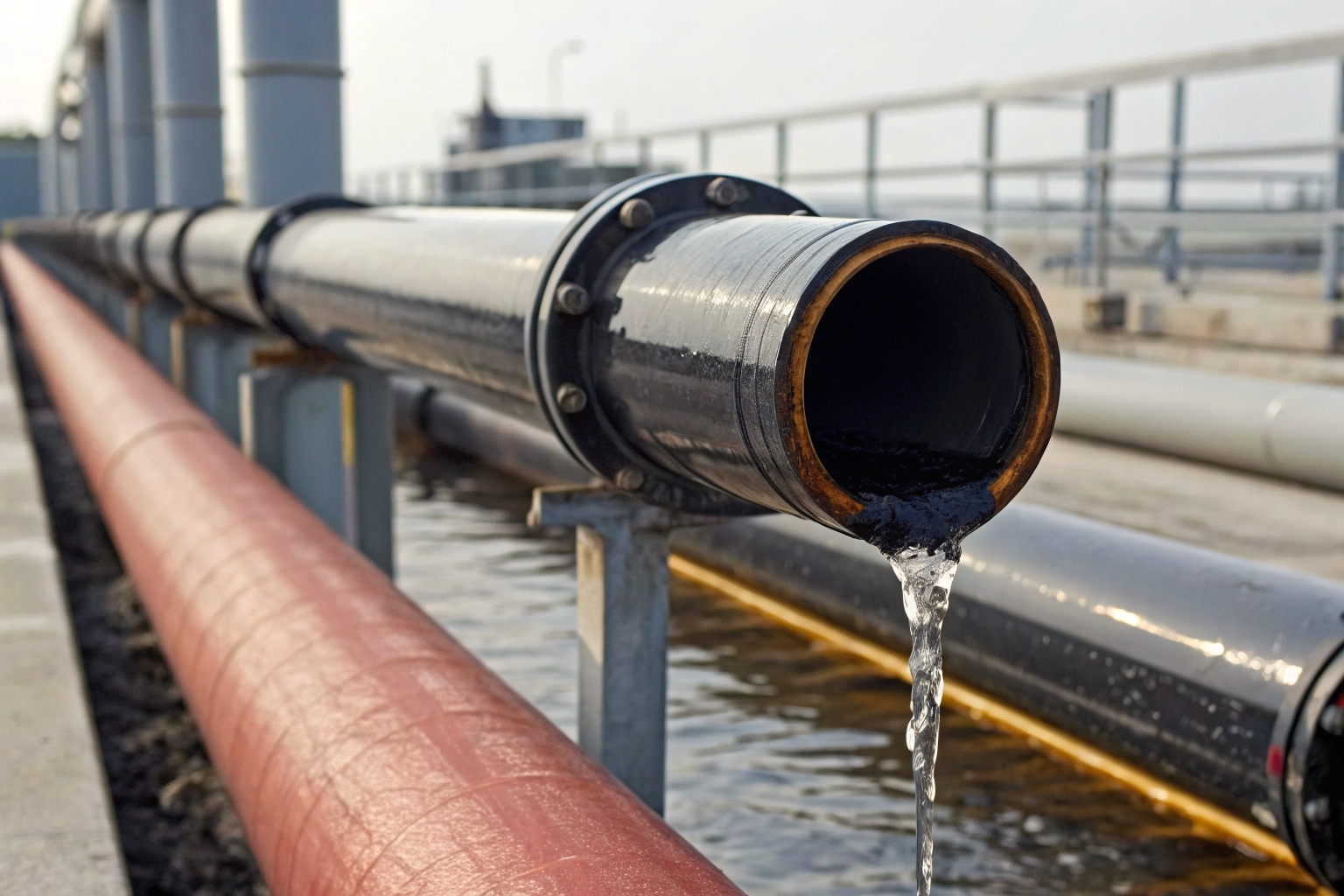 Close-up of double-wall piping with oil flow in industrial setting.