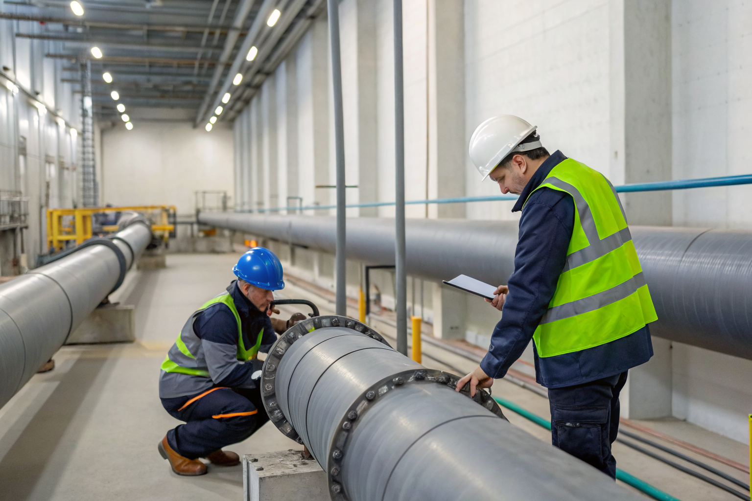 Engineers testing double-wall piping system for containment integrity.