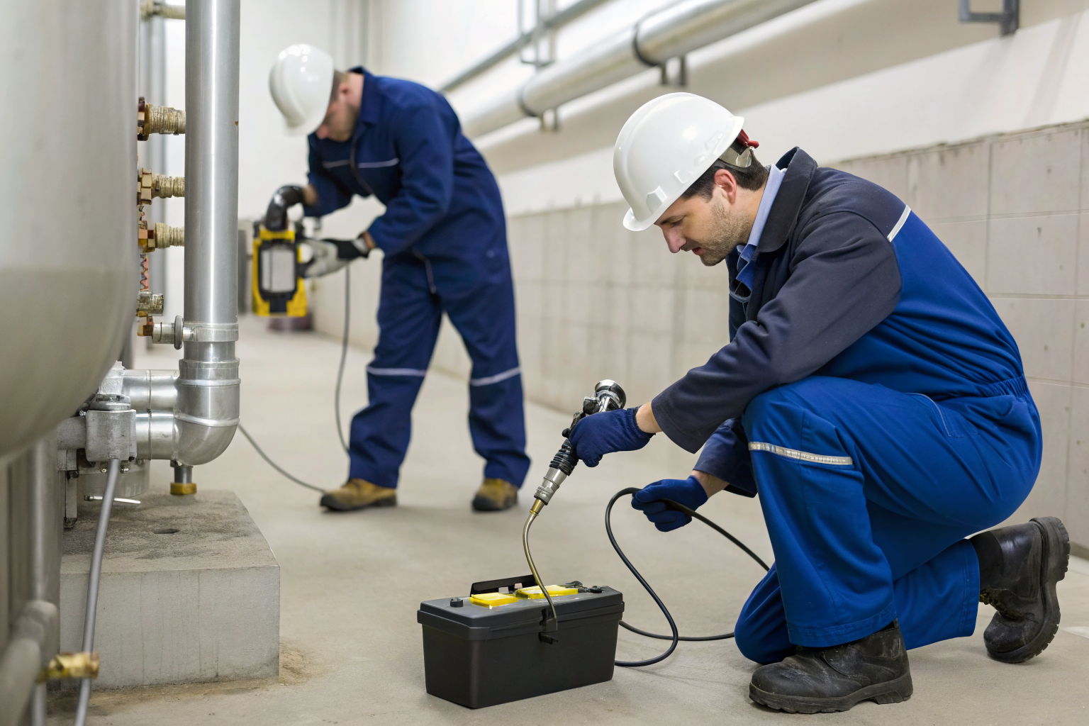 Technicians testing drain valves with pressure devices in an industrial setting.