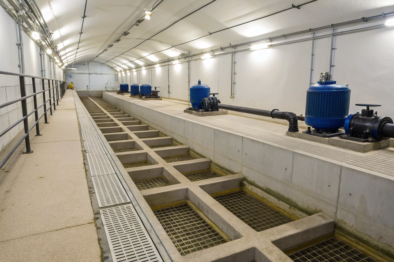Drainage system with sloped surfaces and pumps in a containment area.