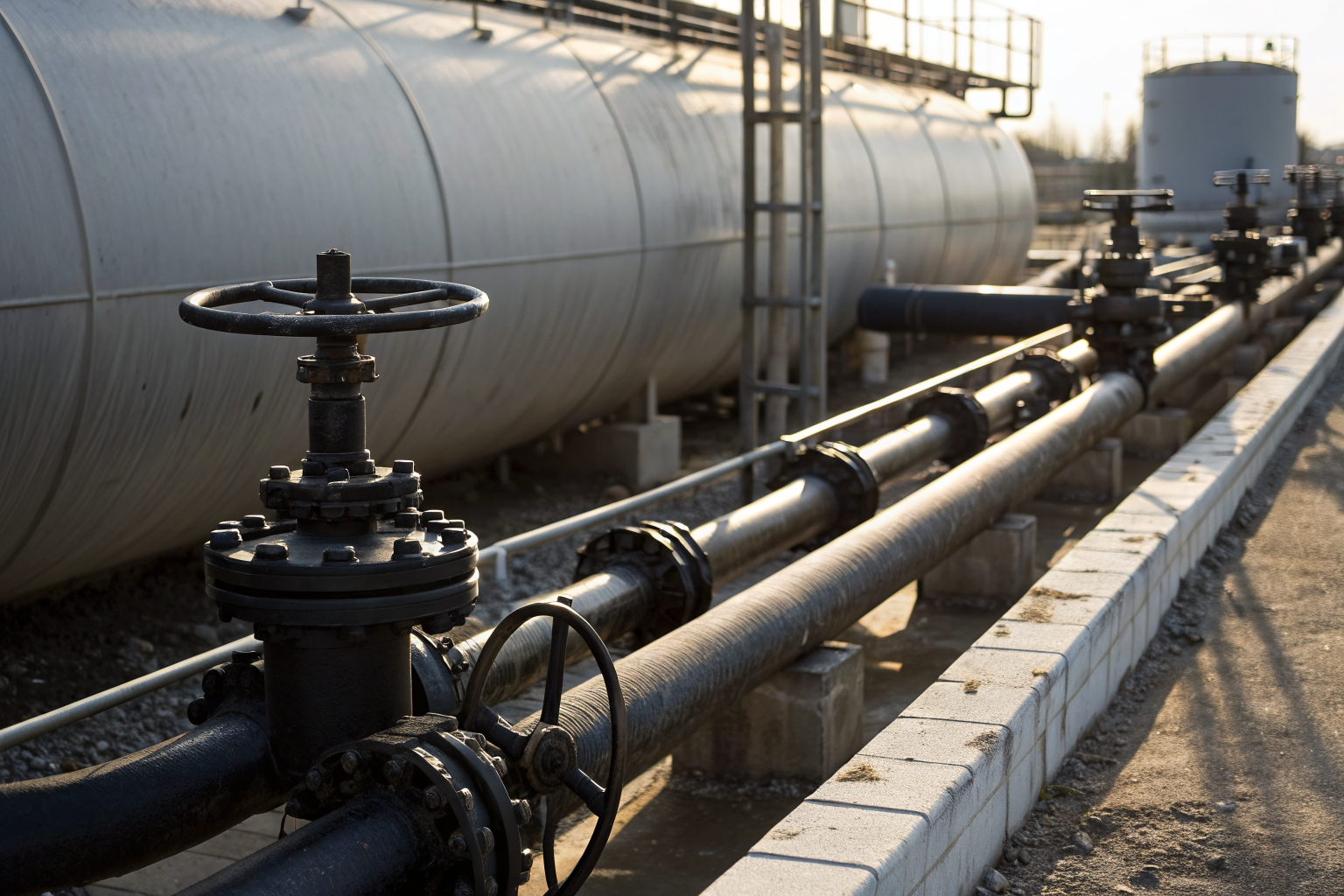 Detailed drainage system for oil storage with specifications visible.