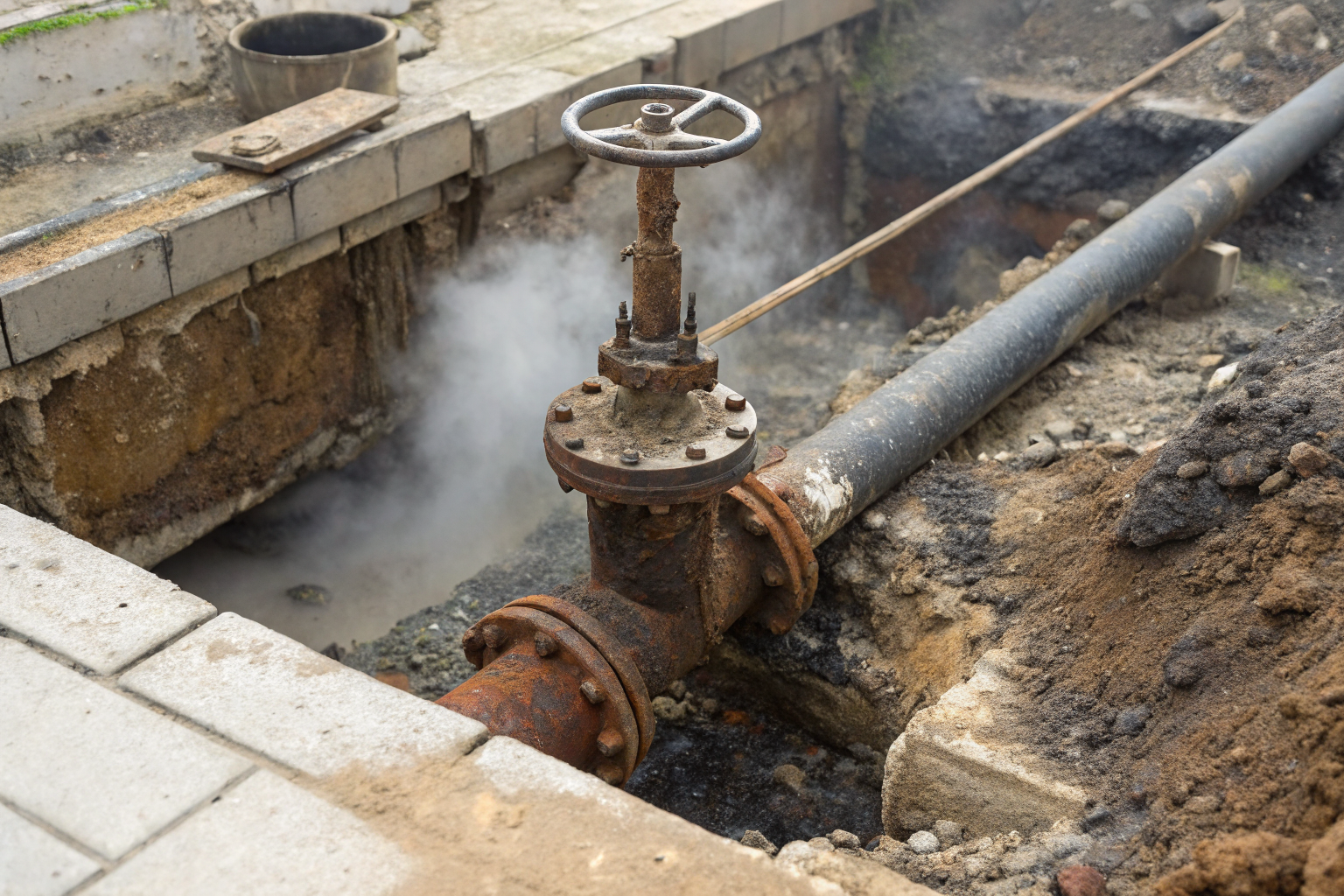 Corroded drain valve in drainage system, highlighting maintenance issues.