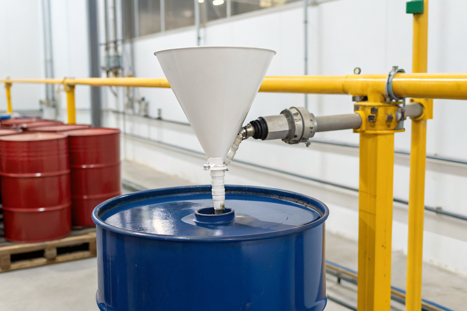 Drum funnel on drum preventing spills during transfer.