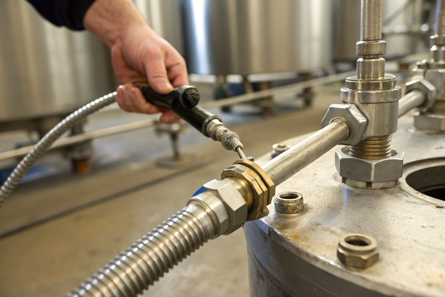 Close-up of drum taps showing threading and operator interaction in an industrial setting.
