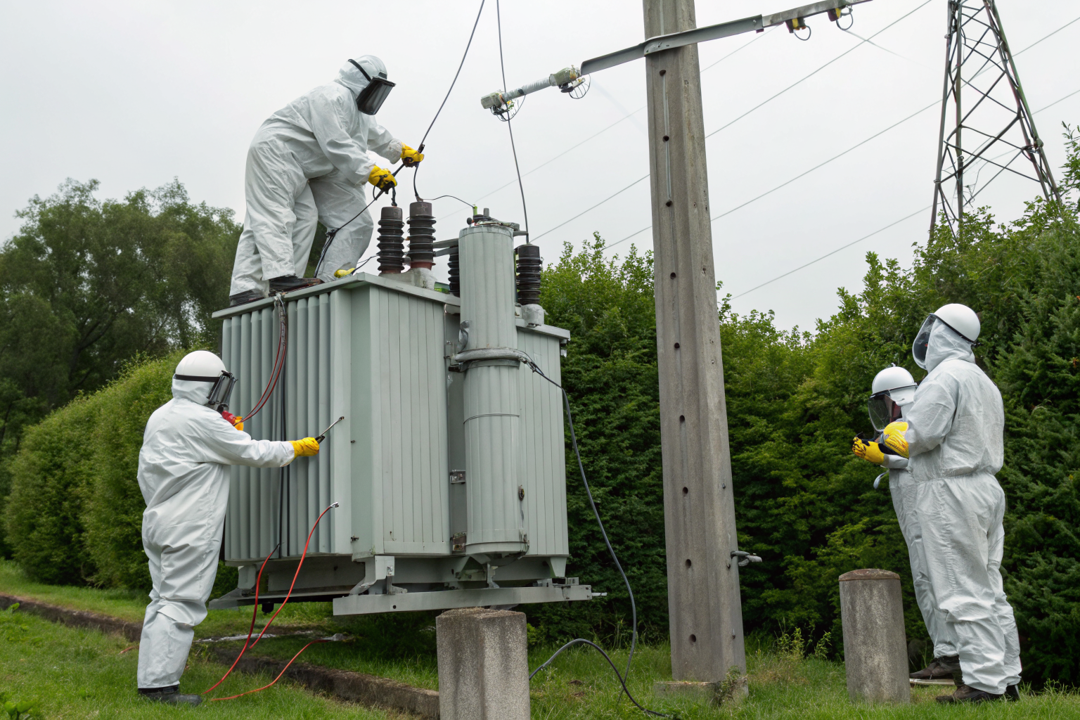 Emergency response team managing transformer failure containment.